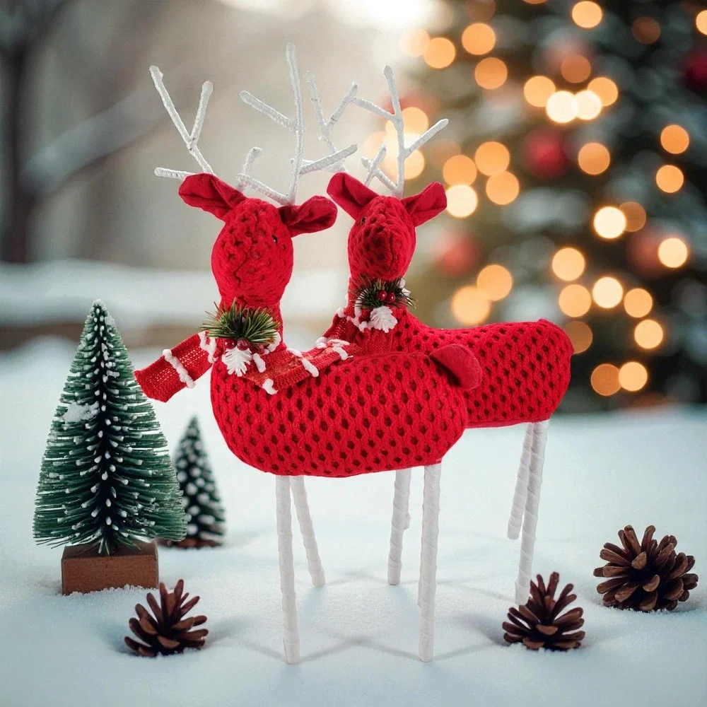 Christmas Holiday Santa's Reindeer, Red Crochet/Scarf, 17 H x 7 L, Set of 2